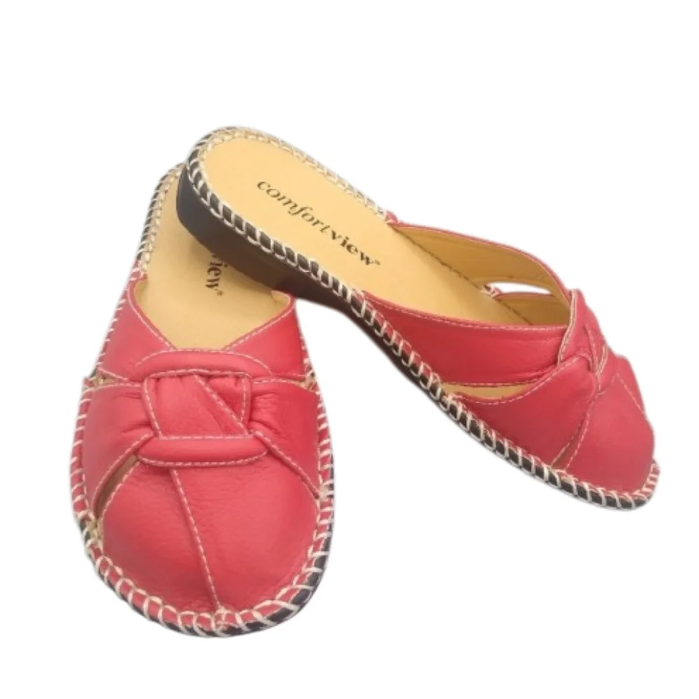 Comfortview Red Faux Leather Mules Buckle Knot Stitching 7W Vintage - Picture 12 of 12